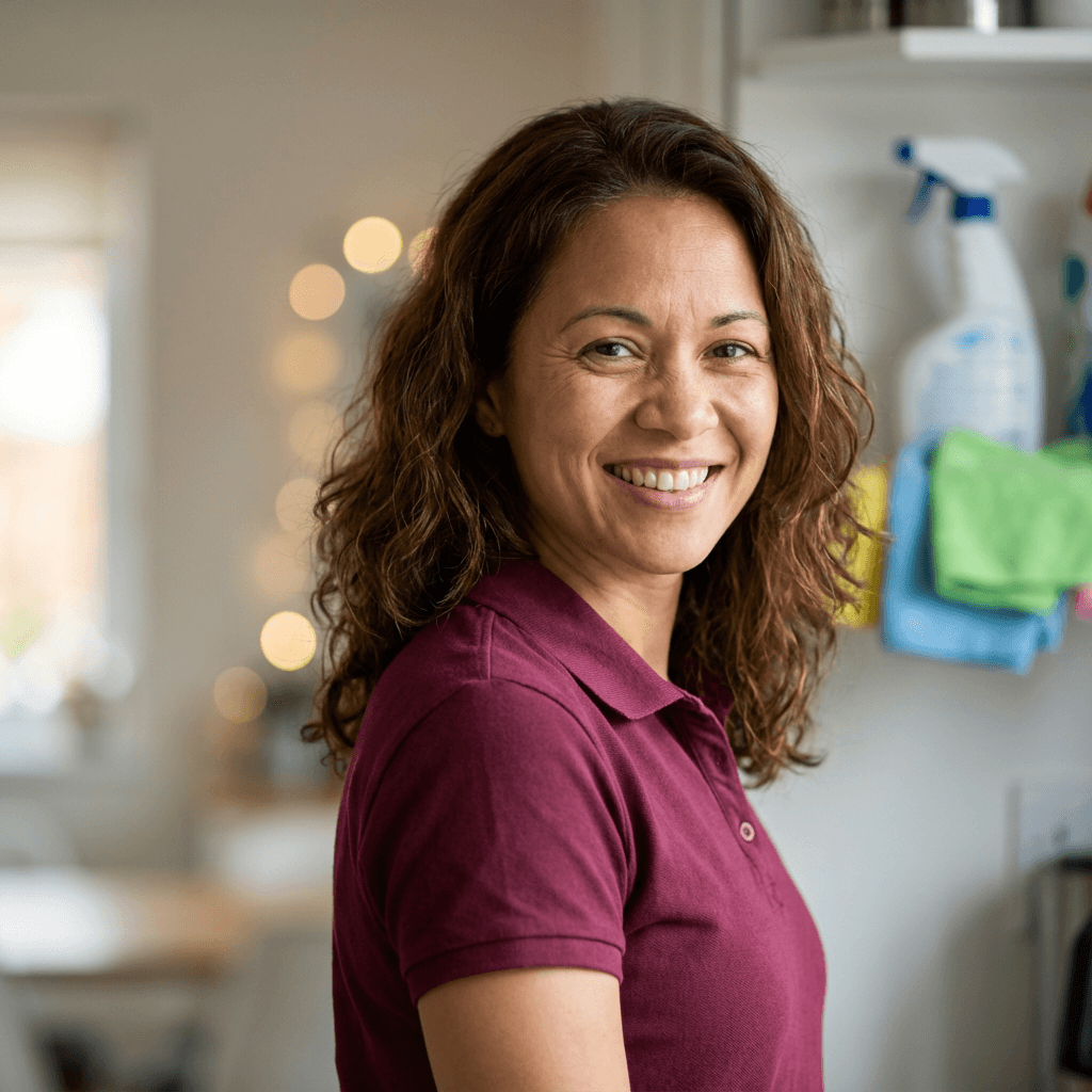 Leia, owner of Leia Home Shine, smiling with cleaning supplies