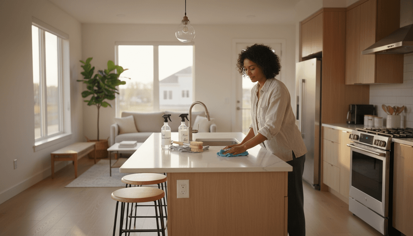 Professional cleaner wiping kitchen counter in bright modern home with natural light