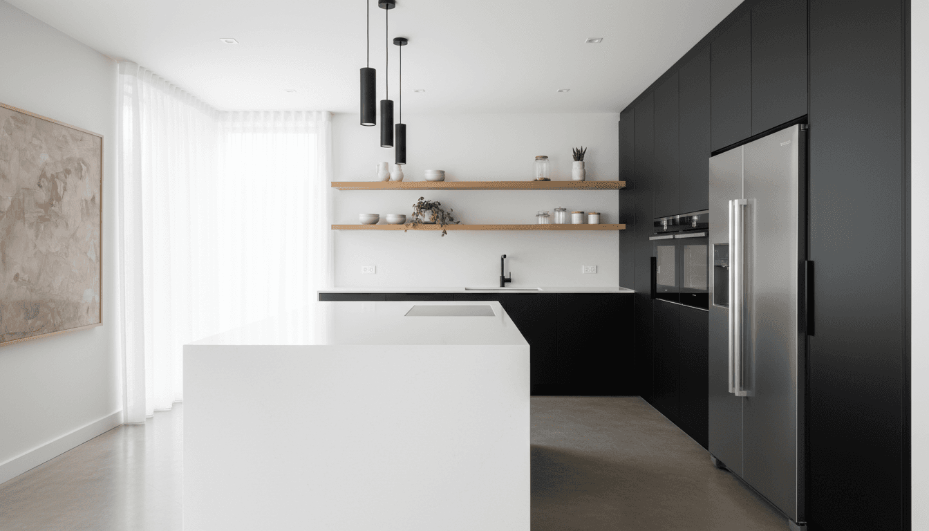 Bright clean modern kitchen interior with countertops and natural light