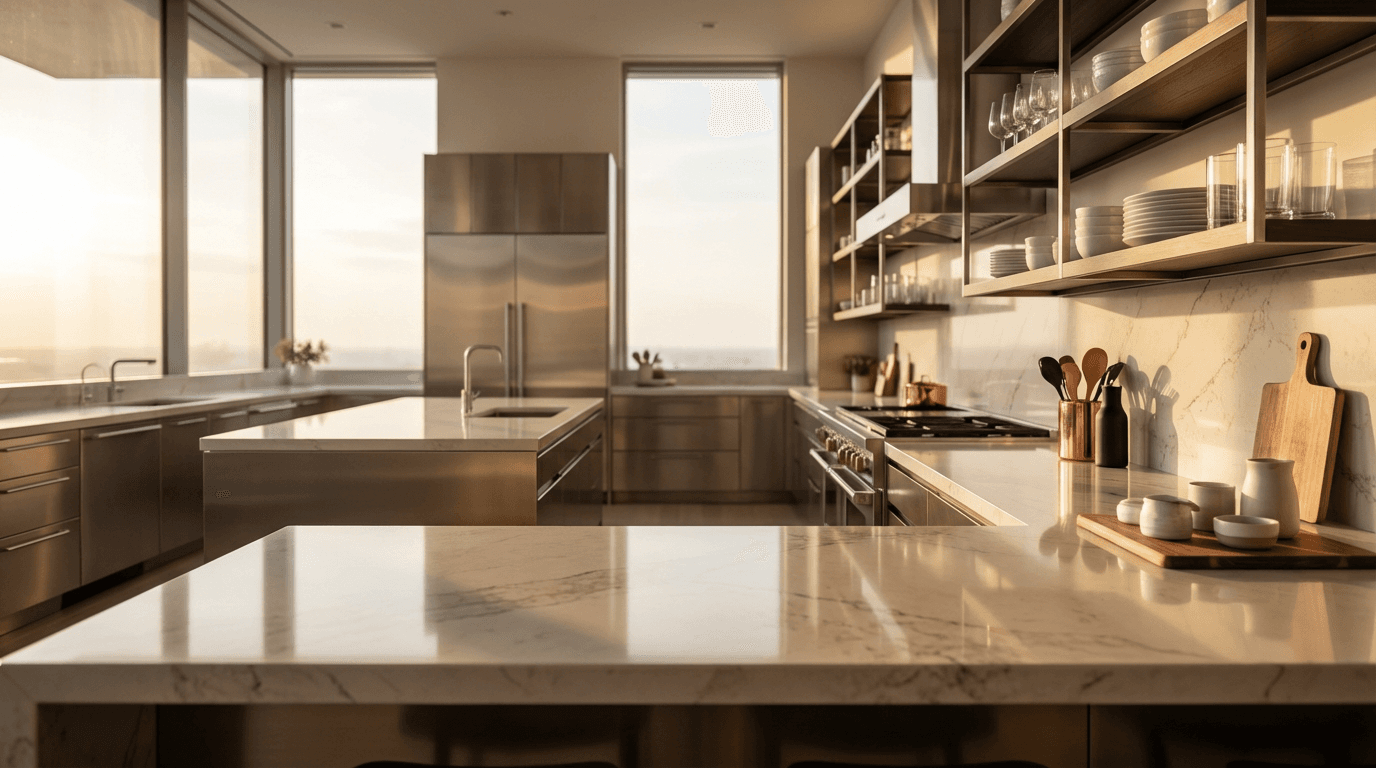 Bright modern kitchen with white cabinets and stainless steel appliances after professional cleaning