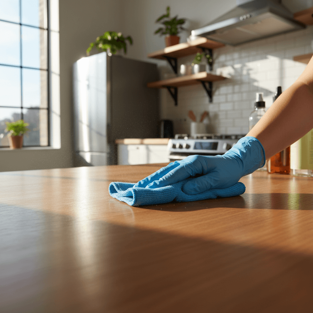 Professional cleaner wiping kitchen counter with microfiber cloth in a modern home