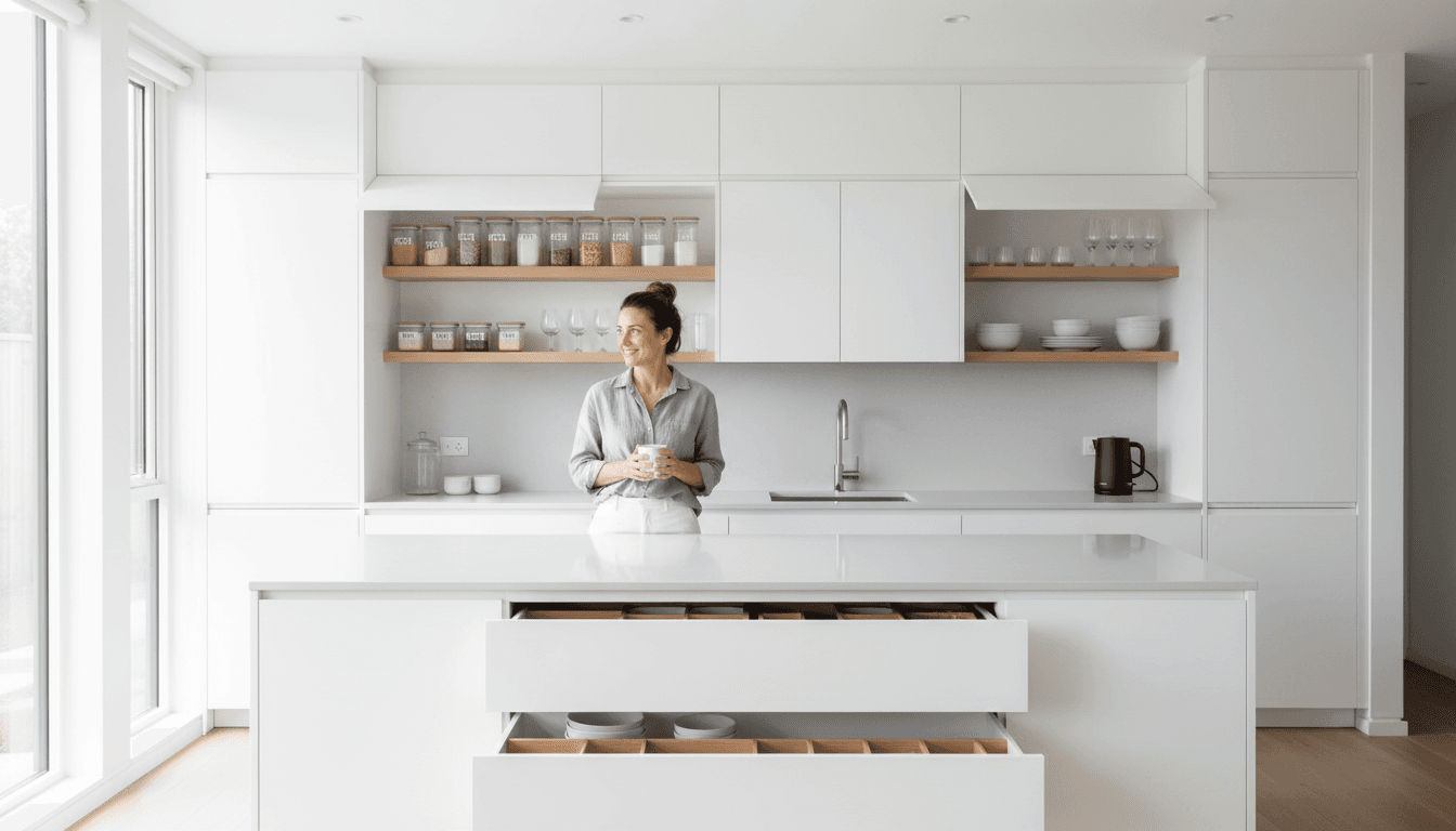 Bright clean modern kitchen counter with organized cabinets and natural light