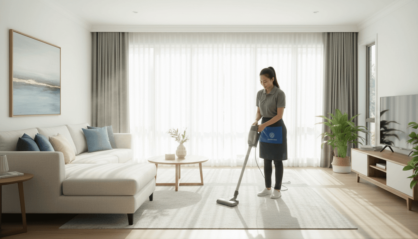 Professional cleaner with clipboard in a bright living room during a home walkthrough