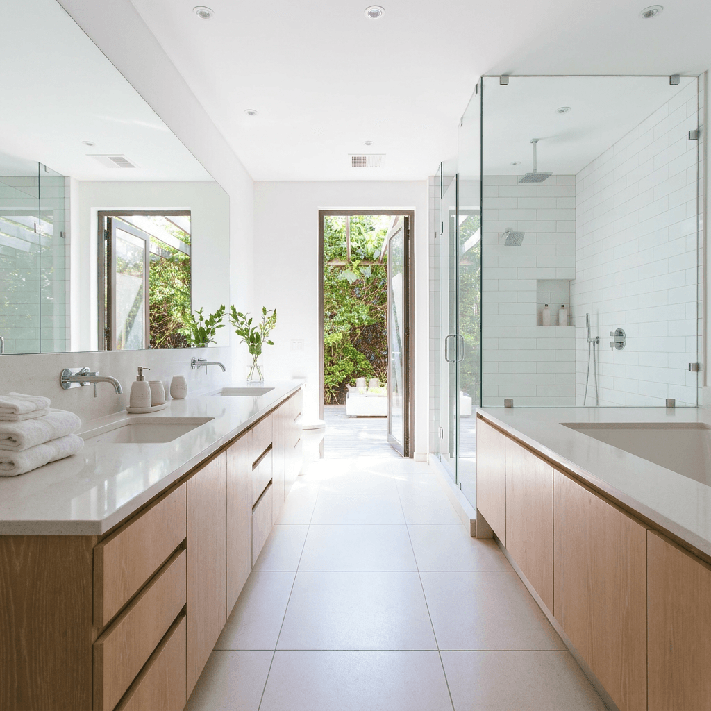 Spotless bathroom mirror and sink with folded towels in a clean home