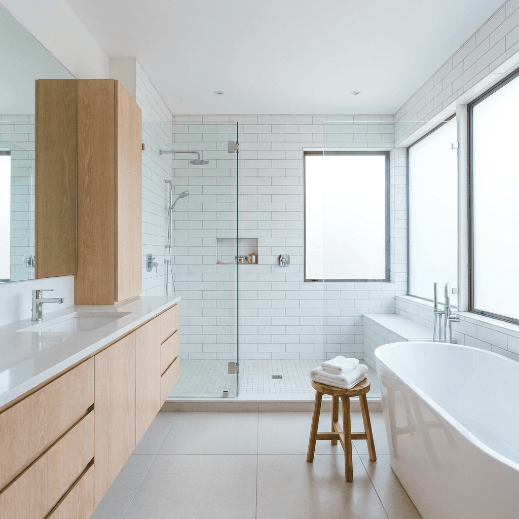 Sparkling white bathroom with glass shower door and clean tiles after deep cleaning