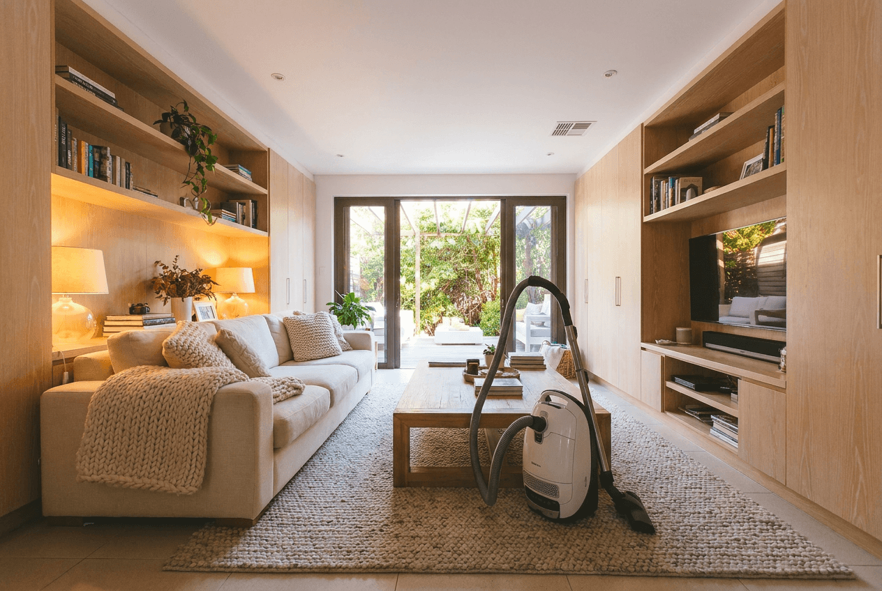 Clean and organized living room with sofa and coffee table in natural light